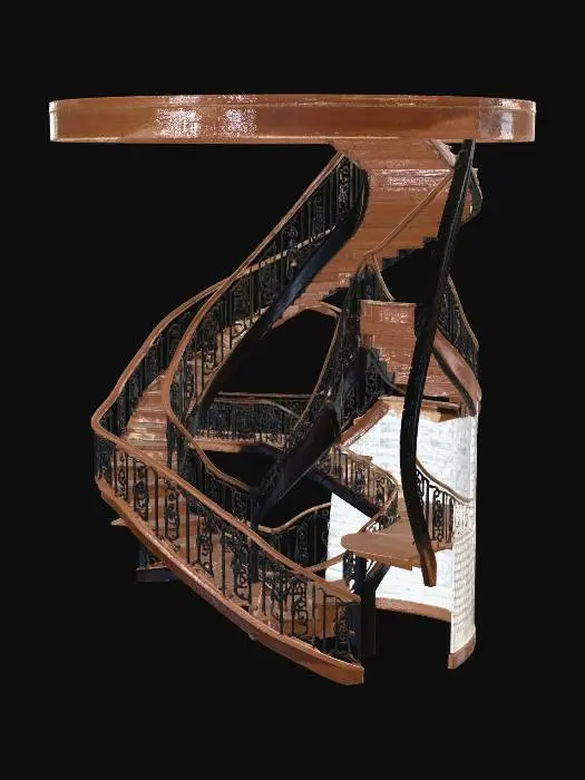 3D model for A grand, multi-turn spiral staircase module made of rich dark wood and intricate wrought iron, featuring multiple steps, balustrades, and connecting platforms.