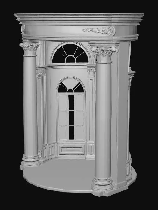 3D model for An architectural column and archway set for a circular hall, made of pale, polished stone, featuring decorative capitals and large arched window frames.