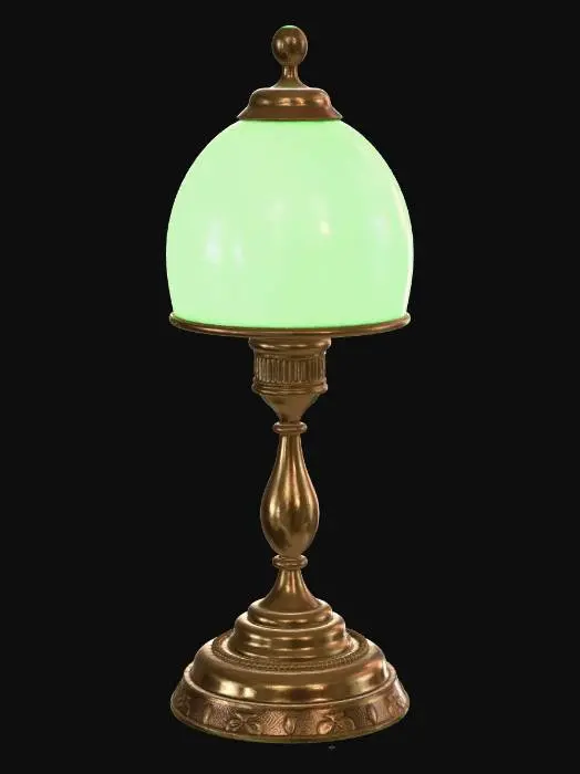 3D model for 3D model of an antique metal (brass) desk lamp placed on a reading table, featuring a distinctive green glass shade. It is simpler in design than the ornate foreground lamp but still period-appropriate. The green glass is frosted to diffuse light.