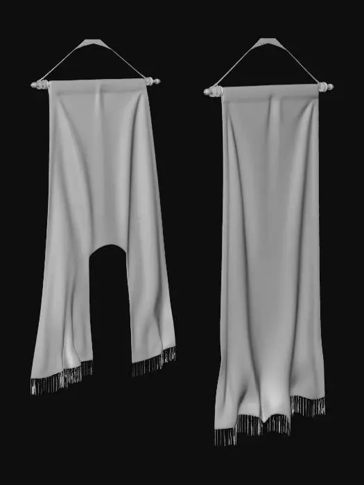 3D model for 3D model of blue fabric banners suspended from the library ceiling. They are made of aged, heavy blue cloth. Each banner features a complex, embroidered golden crest (a stylized sun and compass rose pattern) at its center, surrounded by other smaller heraldic details. The fabric should show wear and texture.