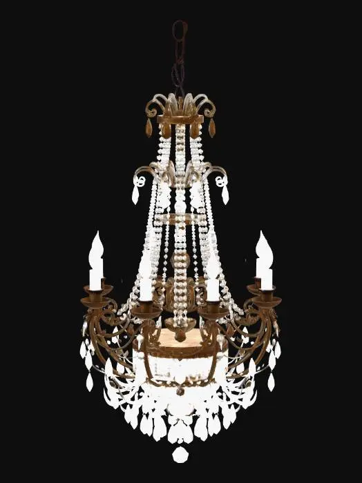3D model for A large, ornate, multi-tiered antique crystal and brass chandelier designed for suspension from a central dome, with numerous candle-style or electric bulbs.