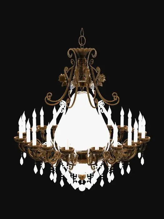 3D model for A large, ornate, multi-tiered antique crystal and brass chandelier designed for suspension from a central dome, with numerous candle-style or electric bulbs.