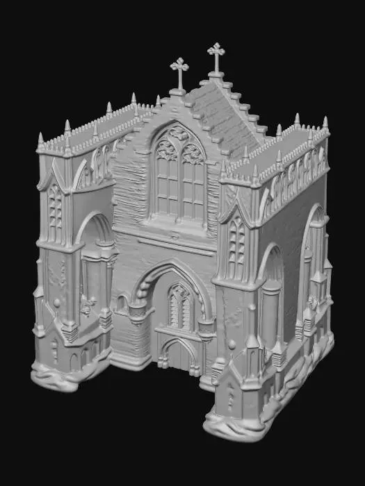 3D model for medieval european stone building, gothic architecture, heavy stone walls, arches, pillars, cathedral influence, dark and massive structure, realistic 3D, PBR