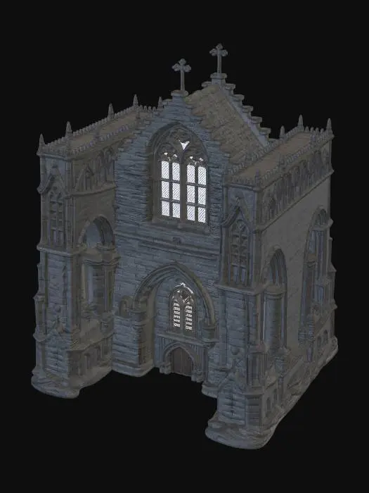 3D model for medieval european stone building, gothic architecture, heavy stone walls, arches, pillars, cathedral influence, dark and massive structure, realistic 3D, PBR