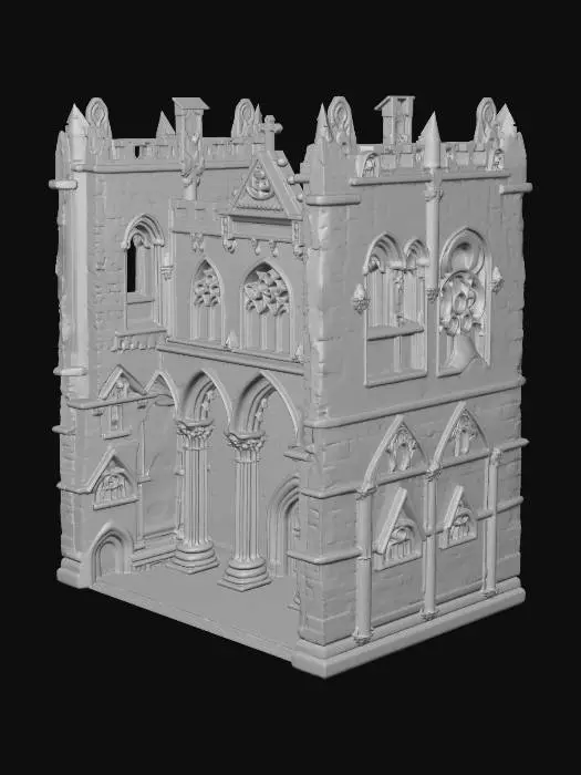 3D model for medieval european stone building, gothic architecture, heavy stone walls, arches, pillars, cathedral influence, dark and massive structure, realistic 3D, PBR