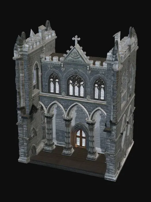 3D model for medieval european stone building, gothic architecture, heavy stone walls, arches, pillars, cathedral influence, dark and massive structure, realistic 3D, PBR
