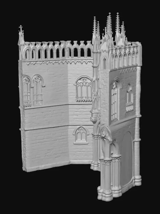 3D model for medieval european stone building, gothic architecture, heavy stone walls, arches, pillars, cathedral influence, dark and massive structure, realistic 3D, PBR