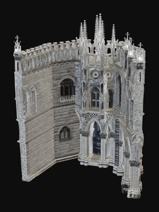 3D model for medieval european stone building, gothic architecture, heavy stone walls, arches, pillars, cathedral influence, dark and massive structure, realistic 3D, PBR