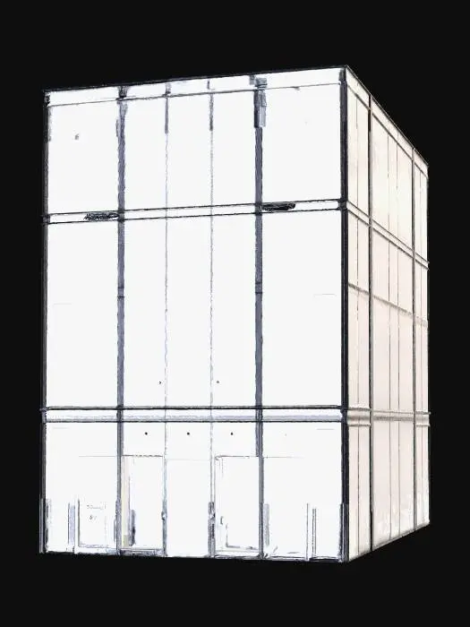 3D model for modern glass building, steel frame structure, transparent facade, minimal design, open and bright, contemporary architecture, realistic 3D