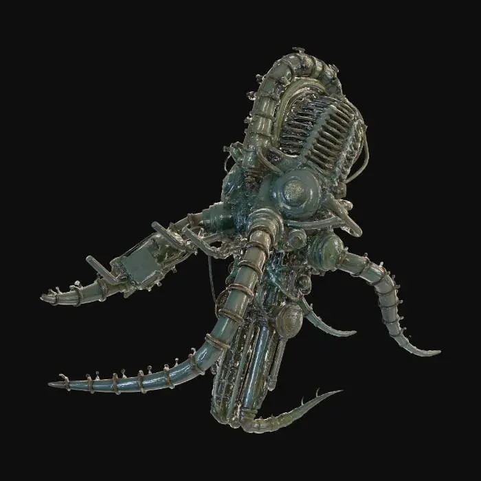 3D model for High-detail 3D asset of [ASSET NAME], Deep Sea Dark Fantasy SF style, Bio-mechanical integration, rusted pressurized metal plates fused with decaying organic leviathan bones, intricate pipes and glowing fiber-optic nerves, covered in prehistoric barnacles and glowing moss. Professional PBR textures: oxidized copper, wet slimy membrane, scratched heavy steel. Lighting: Dim abyssal environment with eerie bioluminescent neon cyan accents. Cinematic atmosphere, H.R. Giger inspired, hyper-realistic, 8k resolution, Unreal Engine 5 render.
