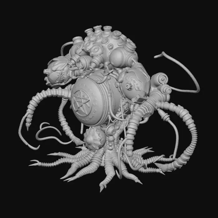 3D model for 1. 世界観とロア (Worldview & Lore)
テーマ: 忘れ去られた超深海底で、太古の邪神の亡骸と未知のオーバーテクノロジーが融合して生まれた「呪われた生体機械」。

背景: 水深10,000mを超える極限の水圧下。光の届かない世界で、自己増殖を続ける機械都市のコア。人間の知恵を超越したSF技術（エネルギーチューブ、幾何学装飾）と、ダークファンタジーの象徴たる「名状しがたい有機体（骨、甲殻、触手）」が共生している。

雰囲気: 圧倒的な水圧を感じさせる重厚感、長年の沈没による腐食、そして暗闇の中で怪しく明滅する生体発光。

2. 構造・デザイン (Structure & Design)
ベース形状: 深海生物（カブトガニやオウムガイ）の硬質な甲殻と、宇宙船のエンジンのような幾何学的かつソリッドな金属パーツが噛み合った構造。

ディテール:

有機部: クジラの骨格を思わせる白いフレーム、ヌメり気のある黒い触手状のケーブル、這い回るフジツボやサンゴの寄生。

無機部: 六角形のチタンパネル、水圧に耐える極太のシリンダーとリベット打ちされた装甲。

コア部分: 中央には、クラゲの傘のように透明な培養カプセルがあり、その中で「心臓のような未知のエネルギー体」が青白く脈打っている。

紋様: 金属パーツの表面には、システムコードと古代ルーン文字が混ざったようなSF的魔方陣が刻まれている。

3. カラースタイルとライティング (Color Style & Lighting)
ベースカラー (Base): 深海を思わせる「アビスブラック（#0A0D14）」と、酸化して鈍く光る「ブラス・ガンメタル（#2C3539）」。

エイジング・腐食 (Decay): 長い年月を感じさせる「錆びた青銅の緑青（ターコイズやティールグリーン）」と、深海泥の「くすんだグレーブラウン」。

発