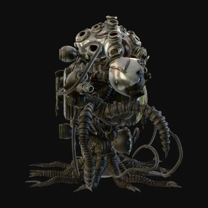 3D model for 1. 世界観とロア (Worldview & Lore)
テーマ: 忘れ去られた超深海底で、太古の邪神の亡骸と未知のオーバーテクノロジーが融合して生まれた「呪われた生体機械」。

背景: 水深10,000mを超える極限の水圧下。光の届かない世界で、自己増殖を続ける機械都市のコア。人間の知恵を超越したSF技術（エネルギーチューブ、幾何学装飾）と、ダークファンタジーの象徴たる「名状しがたい有機体（骨、甲殻、触手）」が共生している。

雰囲気: 圧倒的な水圧を感じさせる重厚感、長年の沈没による腐食、そして暗闇の中で怪しく明滅する生体発光。

2. 構造・デザイン (Structure & Design)
ベース形状: 深海生物（カブトガニやオウムガイ）の硬質な甲殻と、宇宙船のエンジンのような幾何学的かつソリッドな金属パーツが噛み合った構造。

ディテール:

有機部: クジラの骨格を思わせる白いフレーム、ヌメり気のある黒い触手状のケーブル、這い回るフジツボやサンゴの寄生。

無機部: 六角形のチタンパネル、水圧に耐える極太のシリンダーとリベット打ちされた装甲。

コア部分: 中央には、クラゲの傘のように透明な培養カプセルがあり、その中で「心臓のような未知のエネルギー体」が青白く脈打っている。

紋様: 金属パーツの表面には、システムコードと古代ルーン文字が混ざったようなSF的魔方陣が刻まれている。

3. カラースタイルとライティング (Color Style & Lighting)
ベースカラー (Base): 深海を思わせる「アビスブラック（#0A0D14）」と、酸化して鈍く光る「ブラス・ガンメタル（#2C3539）」。

エイジング・腐食 (Decay): 長い年月を感じさせる「錆びた青銅の緑青（ターコイズやティールグリーン）」と、深海泥の「くすんだグレーブラウン」。

発