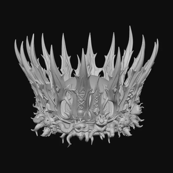 3D model for A 3D game asset of a majestic crown, dark fantasy meets sci-fi and deep sea theme. Asymmetrical biomechanical structure, intertwining skeletal abyssal black coral with futuristic thick mechanical cables. Central focal point is a pressurized glowing cyan energy reactor core covered in thick glass. Jagged spikes resembling anglerfish lures with glowing bioluminescent tips. Tarnished dark bronze and gunmetal materials mixed with organic barnacle-like vents. Wet and slick surface, intricate cybernetic glowing circuit patterns emitting neon green and cyan light. PBR realistic textures, high metallic reflection, low roughness wet look, intense emissive lights. Isolated on solid black background, studio lighting, 8k resolution, Unreal Engine 5 render style.