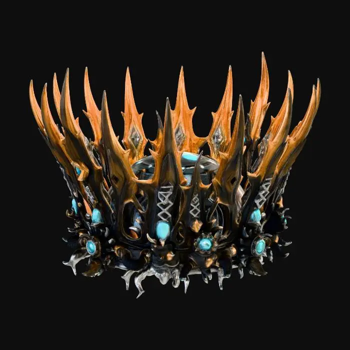 3D model for A 3D game asset of a majestic crown, dark fantasy meets sci-fi and deep sea theme. Asymmetrical biomechanical structure, intertwining skeletal abyssal black coral with futuristic thick mechanical cables. Central focal point is a pressurized glowing cyan energy reactor core covered in thick glass. Jagged spikes resembling anglerfish lures with glowing bioluminescent tips. Tarnished dark bronze and gunmetal materials mixed with organic barnacle-like vents. Wet and slick surface, intricate cybernetic glowing circuit patterns emitting neon green and cyan light. PBR realistic textures, high metallic reflection, low roughness wet look, intense emissive lights. Isolated on solid black background, studio lighting, 8k resolution, Unreal Engine 5 render style.