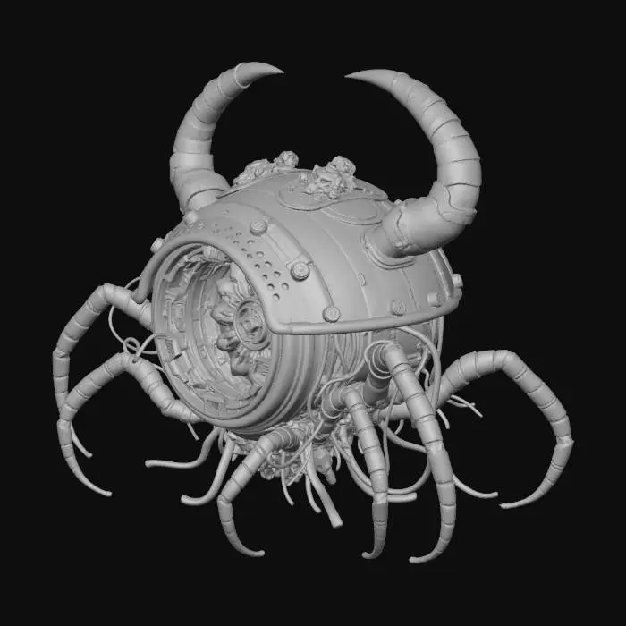 3D model for 1. 世界観とロア (Worldview & Lore)
テーマ: 忘れ去られた超深海底で、太古の邪神の亡骸と未知のオーバーテクノロジーが融合して生まれた「呪われた生体機械」。

背景: 水深10,000mを超える極限の水圧下。光の届かない世界で、自己増殖を続ける機械都市のコア。人間の知恵を超越したSF技術（エネルギーチューブ、幾何学装飾）と、ダークファンタジーの象徴たる「名状しがたい有機体（骨、甲殻、触手）」が共生している。

雰囲気: 圧倒的な水圧を感じさせる重厚感、長年の沈没による腐食、そして暗闇の中で怪しく明滅する生体発光。

2. 構造・デザイン (Structure & Design)
ベース形状: 深海生物（カブトガニやオウムガイ）の硬質な甲殻と、宇宙船のエンジンのような幾何学的かつソリッドな金属パーツが噛み合った構造。

ディテール:

有機部: クジラの骨格を思わせる白いフレーム、ヌメり気のある黒い触手状のケーブル、這い回るフジツボやサンゴの寄生。

無機部: 六角形のチタンパネル、水圧に耐える極太のシリンダーとリベット打ちされた装甲。

コア部分: 中央には、クラゲの傘のように透明な培養カプセルがあり、その中で「心臓のような未知のエネルギー体」が青白く脈打っている。

紋様: 金属パーツの表面には、システムコードと古代ルーン文字が混ざったようなSF的魔方陣が刻まれている。

3. カラースタイルとライティング (Color Style & Lighting)
ベースカラー (Base): 深海を思わせる「アビスブラック（#0A0D14）」と、酸化して鈍く光る「ブラス・ガンメタル（#2C3539）」。

エイジング・腐食 (Decay): 長い年月を感じさせる「錆びた青銅の緑青（ターコイズやティールグリーン）」と、深海泥の「くすんだグレーブラウン」。

発