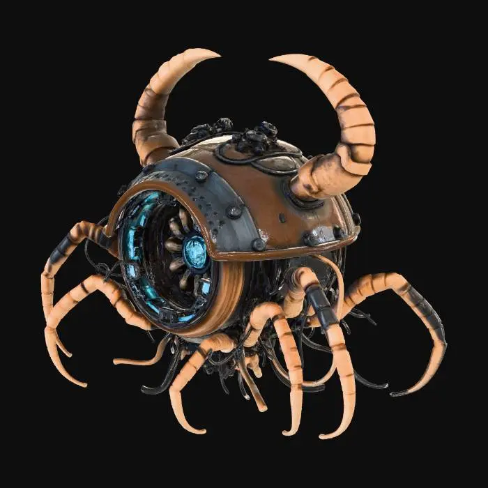 3D model for 1. 世界観とロア (Worldview & Lore)
テーマ: 忘れ去られた超深海底で、太古の邪神の亡骸と未知のオーバーテクノロジーが融合して生まれた「呪われた生体機械」。

背景: 水深10,000mを超える極限の水圧下。光の届かない世界で、自己増殖を続ける機械都市のコア。人間の知恵を超越したSF技術（エネルギーチューブ、幾何学装飾）と、ダークファンタジーの象徴たる「名状しがたい有機体（骨、甲殻、触手）」が共生している。

雰囲気: 圧倒的な水圧を感じさせる重厚感、長年の沈没による腐食、そして暗闇の中で怪しく明滅する生体発光。

2. 構造・デザイン (Structure & Design)
ベース形状: 深海生物（カブトガニやオウムガイ）の硬質な甲殻と、宇宙船のエンジンのような幾何学的かつソリッドな金属パーツが噛み合った構造。

ディテール:

有機部: クジラの骨格を思わせる白いフレーム、ヌメり気のある黒い触手状のケーブル、這い回るフジツボやサンゴの寄生。

無機部: 六角形のチタンパネル、水圧に耐える極太のシリンダーとリベット打ちされた装甲。

コア部分: 中央には、クラゲの傘のように透明な培養カプセルがあり、その中で「心臓のような未知のエネルギー体」が青白く脈打っている。

紋様: 金属パーツの表面には、システムコードと古代ルーン文字が混ざったようなSF的魔方陣が刻まれている。

3. カラースタイルとライティング (Color Style & Lighting)
ベースカラー (Base): 深海を思わせる「アビスブラック（#0A0D14）」と、酸化して鈍く光る「ブラス・ガンメタル（#2C3539）」。

エイジング・腐食 (Decay): 長い年月を感じさせる「錆びた青銅の緑青（ターコイズやティールグリーン）」と、深海泥の「くすんだグレーブラウン」。

発