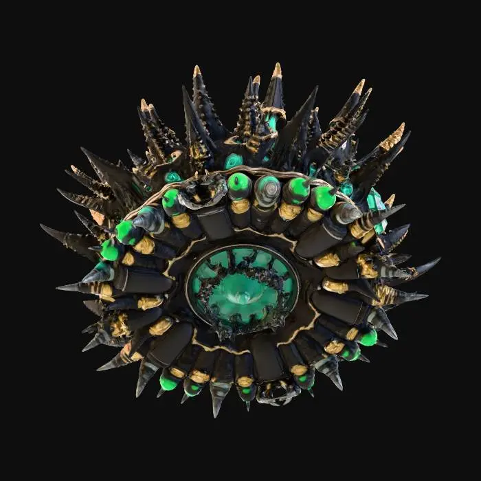 3D model for A 3D game asset of a majestic crown, dark fantasy meets sci-fi and deep sea theme. Asymmetrical biomechanical structure, intertwining skeletal abyssal black coral with futuristic thick mechanical cables. Central focal point is a pressurized glowing cyan energy reactor core covered in thick glass. Jagged spikes resembling anglerfish lures with glowing bioluminescent tips. Tarnished dark bronze and gunmetal materials mixed with organic barnacle-like vents. Wet and slick surface, intricate cybernetic glowing circuit patterns emitting neon green and cyan light. PBR realistic textures, high metallic reflection, low roughness wet look, intense emissive lights. Isolated on solid black background, studio lighting, 8k resolution, Unreal Engine 5 render style.