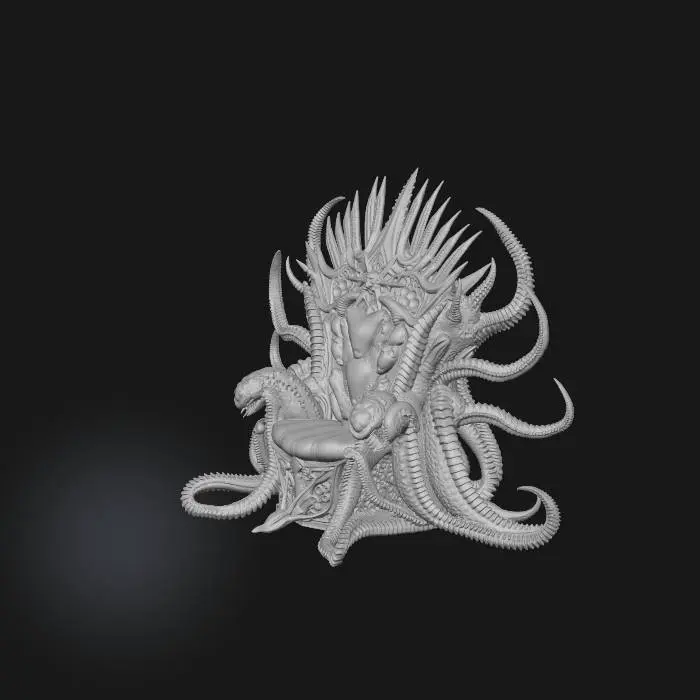3D model for A highly detailed 3D model of a majestic and terrifying throne combining Deep Sea, Sci-Fi, and Dark Fantasy aesthetics. The backrest is made of giant leviathan spine bones fused with cybernetic carbon-fiber plating and glowing neon liquid tubes. The armrests are mechanical crab-like claws with exposed hydraulic cylinders. The seat is a dark obsidian-like metal with bioluminescent synthetic anemone tentacles as cushions. The base is rooted to the ocean floor with thick metallic tentacles and rusted deep-sea barnacle heat vents.