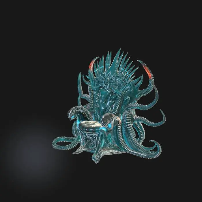3D model for A highly detailed 3D model of a majestic and terrifying throne combining Deep Sea, Sci-Fi, and Dark Fantasy aesthetics. The backrest is made of giant leviathan spine bones fused with cybernetic carbon-fiber plating and glowing neon liquid tubes. The armrests are mechanical crab-like claws with exposed hydraulic cylinders. The seat is a dark obsidian-like metal with bioluminescent synthetic anemone tentacles as cushions. The base is rooted to the ocean floor with thick metallic tentacles and rusted deep-sea barnacle heat vents.