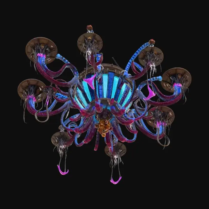 3D model for 3D asset, chandelier, dark fantasy sci-fi deep sea theme, biomechanical design. Central floating bioluminescent cyan energy core trapped inside a ribcage-like dark oxidized metal and leviathan bone frame. Glowing fiber-optic cables resembling jellyfish tentacles hanging down. Rusted titanium joints, gothic futuristic architecture, abyssal barnacles and glowing neon coral growths. Bioluminescent teal and deep violet emissive lights. PBR textures, high surface detail, realistic metal and organic material contrast. Studio lighting, dark background, isolated on black, Unreal Engine 5 render, 8k resolution, masterpiece.