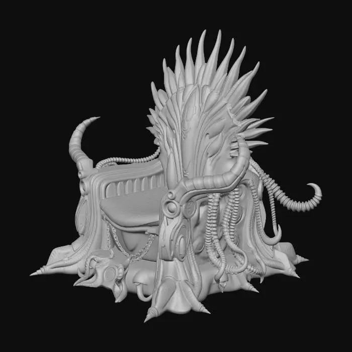 3D model for A highly detailed 3D model of a majestic and terrifying throne combining Deep Sea, Sci-Fi, and Dark Fantasy aesthetics. The backrest is made of giant leviathan spine bones fused with cybernetic carbon-fiber plating and glowing neon liquid tubes. The armrests are mechanical crab-like claws with exposed hydraulic cylinders. The seat is a dark obsidian-like metal with bioluminescent synthetic anemone tentacles as cushions. The base is rooted to the ocean floor with thick metallic tentacles and rusted deep-sea barnacle heat vents.