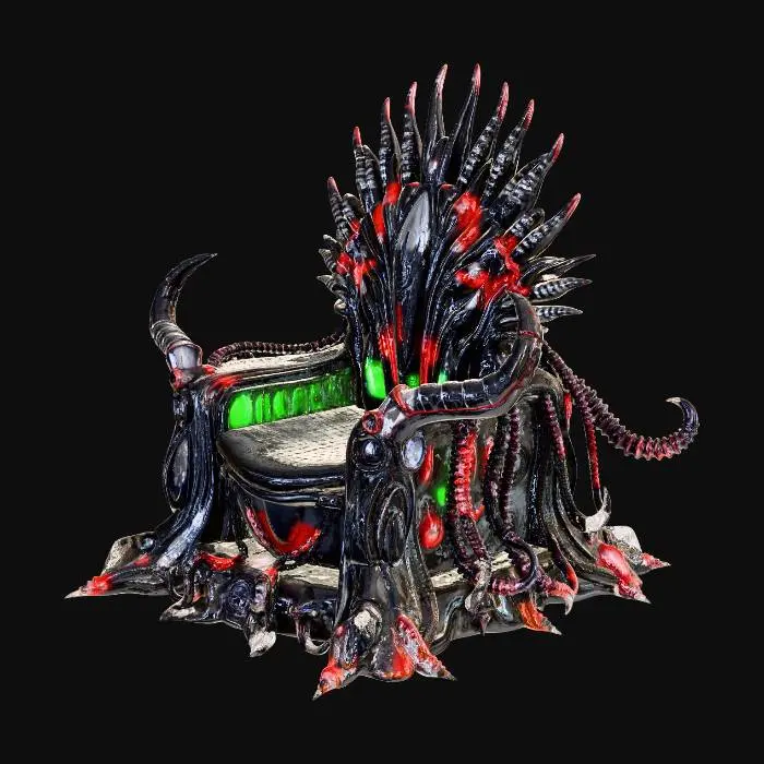 3D model for A highly detailed 3D model of a majestic and terrifying throne combining Deep Sea, Sci-Fi, and Dark Fantasy aesthetics. The backrest is made of giant leviathan spine bones fused with cybernetic carbon-fiber plating and glowing neon liquid tubes. The armrests are mechanical crab-like claws with exposed hydraulic cylinders. The seat is a dark obsidian-like metal with bioluminescent synthetic anemone tentacles as cushions. The base is rooted to the ocean floor with thick metallic tentacles and rusted deep-sea barnacle heat vents.