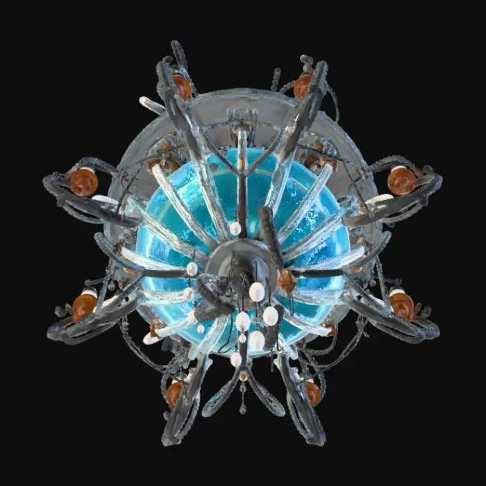 3D model for 3D asset, chandelier, dark fantasy sci-fi deep sea theme, biomechanical design. Central floating bioluminescent cyan energy core trapped inside a ribcage-like dark oxidized metal and leviathan bone frame. Glowing fiber-optic cables resembling jellyfish tentacles hanging down. Rusted titanium joints, gothic futuristic architecture, abyssal barnacles and glowing neon coral growths. Bioluminescent teal and deep violet emissive lights. PBR textures, high surface detail, realistic metal and organic material contrast. Studio lighting, dark background, isolated on black, Unreal Engine 5 render, 8k resolution, masterpiece.