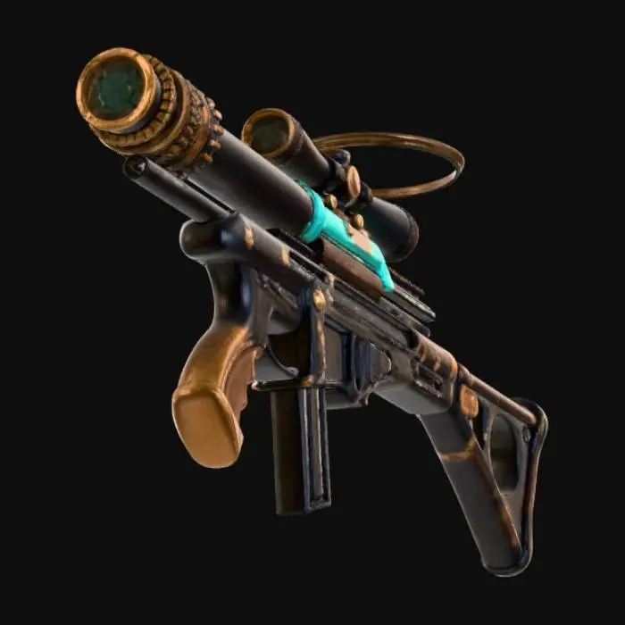 3D model for A deep-sea sci-fi dark fantasy relic sniper rifle, non-human ancient technology, ceremonial precision weapon.

Long elegant silhouette, cathedral-like structure, asymmetric bio-mechanical architecture, grown rather than manufactured.

The barrel is formed from spiral coral-metal composite with embedded glass veins, transparent pressure tubes running along the body filled with faint glowing bioluminescent fluid.

Instead of a scope, a floating halo-ring observation array with runic focusing plates, connected by thin articulated mechanical tendrils.

Stock resembles fossilized spine and shell structure, ergonomic but alien.

No modern gun parts, no screws, no rails, no magazines, no human industrial design language.

Designed as an observation instrument that stabilizes existence before firi