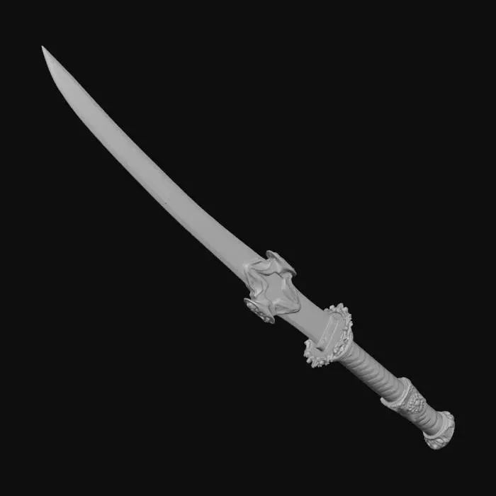3D model for Ancient abyssal biomechanical katana relic, grown not forged. Slightly curved asymmetric single-edge blade shaped like a deep-sea predator fang. Translucent mineral blade with internal vein channels and layered geological strata, micro-crystals embedded. Thick pressure-resistant coral calcified spine with vent pores. Edge distorts surrounding space rather than sharp cutting. Circular jellyfish membrane guard with thin tendrils. Handle wrapped in fossilized kelp fibers with exposed vertebrae segments. Pommel contains a slowly pulsating bioluminescent core orb.
Lost oceanic civilization ritual execution tool and data-storage artifact, thousands of years underwater, eroded, barnacles and salt crystallization deposits.

Color: abyssal blue, basalt gray, oxidized green-black metal, cyan veins,