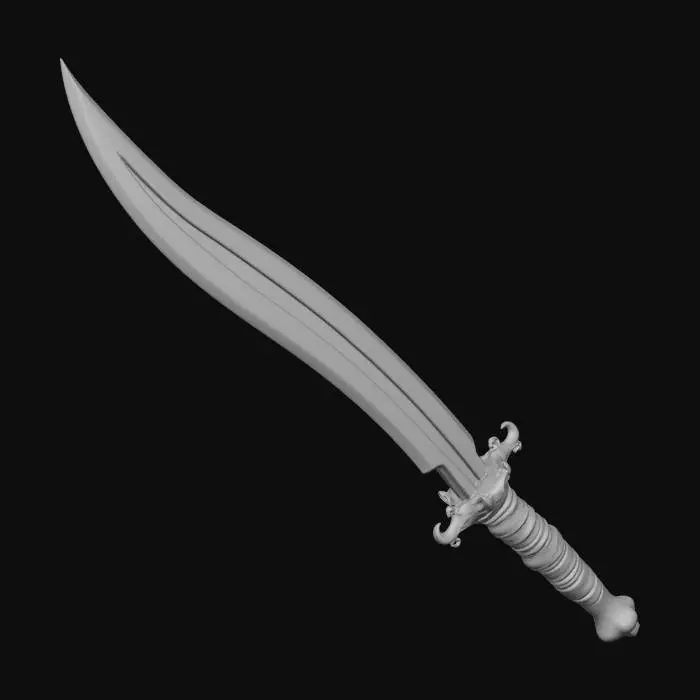 3D model for Ancient abyssal biomechanical katana relic, grown not forged. Slightly curved asymmetric single-edge blade shaped like a deep-sea predator fang. Translucent mineral blade with internal vein channels and layered geological strata, micro-crystals embedded. Thick pressure-resistant coral calcified spine with vent pores. Edge distorts surrounding space rather than sharp cutting. Circular jellyfish membrane guard with thin tendrils. Handle wrapped in fossilized kelp fibers with exposed vertebrae segments. Pommel contains a slowly pulsating bioluminescent core orb.
Lost oceanic civilization ritual execution tool and data-storage artifact, thousands of years underwater, eroded, barnacles and salt crystallization deposits.

Color: abyssal blue, basalt gray, oxidized green-black metal, cyan veins,