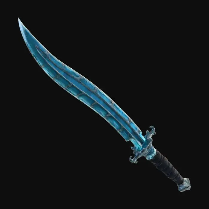 3D model for Ancient abyssal biomechanical katana relic, grown not forged. Slightly curved asymmetric single-edge blade shaped like a deep-sea predator fang. Translucent mineral blade with internal vein channels and layered geological strata, micro-crystals embedded. Thick pressure-resistant coral calcified spine with vent pores. Edge distorts surrounding space rather than sharp cutting. Circular jellyfish membrane guard with thin tendrils. Handle wrapped in fossilized kelp fibers with exposed vertebrae segments. Pommel contains a slowly pulsating bioluminescent core orb.
Lost oceanic civilization ritual execution tool and data-storage artifact, thousands of years underwater, eroded, barnacles and salt crystallization deposits.

Color: abyssal blue, basalt gray, oxidized green-black metal, cyan veins,