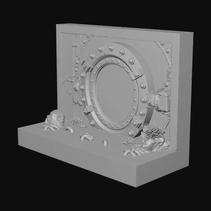 3D model for A massive deep sea pressure bulkhead door, circular hatch design, titanium ceramic alloy, heavily corroded by saltwater, mechanical locking arms, glowing cyan seal lines, thick rubber pressure ring, barnacles and tube worms attached, dark sci-fi abyssal research facility style, realistic PBR, roughness variation, wet surface, cinematic underwater lighting