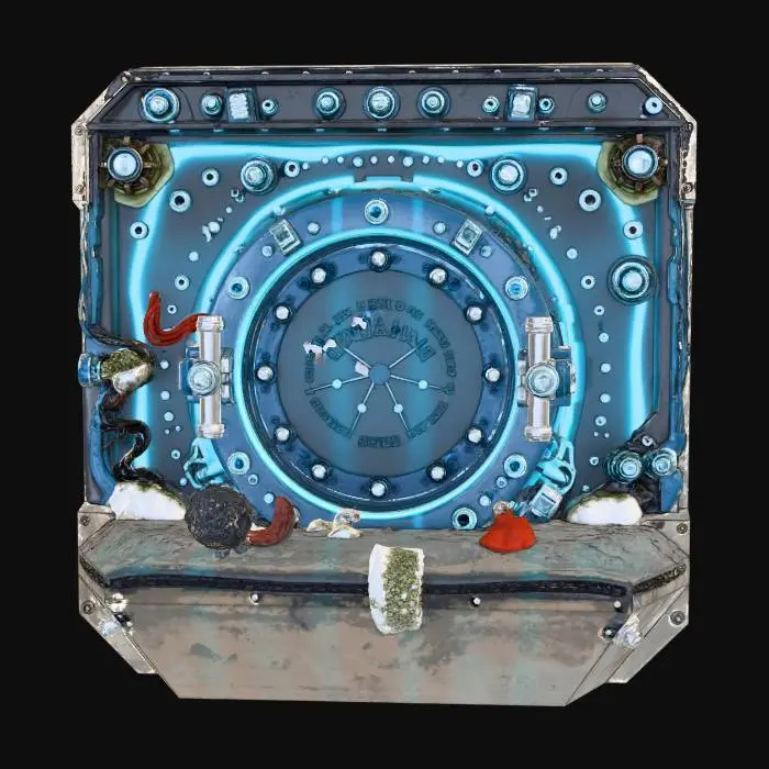 3D model for A massive deep sea pressure bulkhead door, circular hatch design, titanium ceramic alloy, heavily corroded by saltwater, mechanical locking arms, glowing cyan seal lines, thick rubber pressure ring, barnacles and tube worms attached, dark sci-fi abyssal research facility style, realistic PBR, roughness variation, wet surface, cinematic underwater lighting