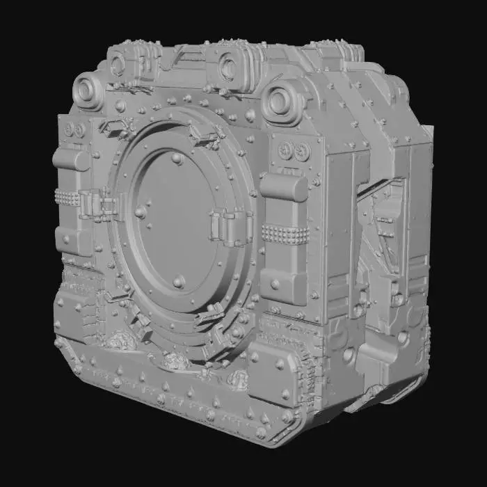 3D model for A massive deep sea pressure bulkhead door, circular hatch design, titanium ceramic alloy, heavily corroded by saltwater, mechanical locking arms, glowing cyan seal lines, thick rubber pressure ring, barnacles and tube worms attached, dark sci-fi abyssal research facility style, realistic PBR, roughness variation, wet surface, cinematic underwater lighting