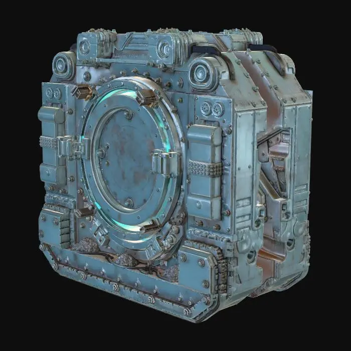 3D model for A massive deep sea pressure bulkhead door, circular hatch design, titanium ceramic alloy, heavily corroded by saltwater, mechanical locking arms, glowing cyan seal lines, thick rubber pressure ring, barnacles and tube worms attached, dark sci-fi abyssal research facility style, realistic PBR, roughness variation, wet surface, cinematic underwater lighting