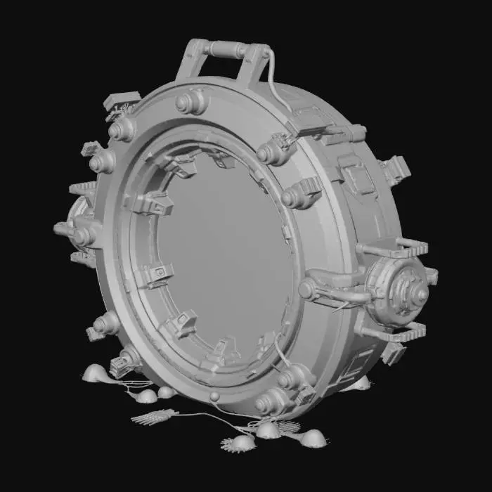 3D model for A massive deep sea pressure bulkhead door, circular hatch design, titanium ceramic alloy, heavily corroded by saltwater, mechanical locking arms, glowing cyan seal lines, thick rubber pressure ring, barnacles and tube worms attached, dark sci-fi abyssal research facility style, realistic PBR, roughness variation, wet surface, cinematic underwater lighting