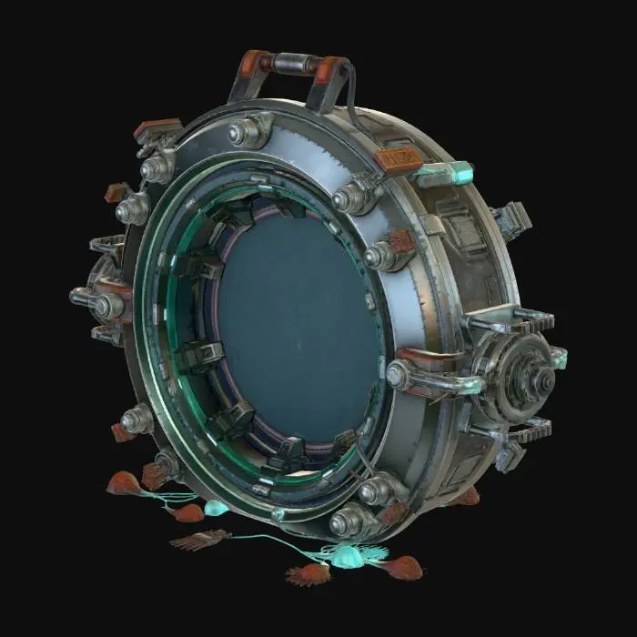 3D model for A massive deep sea pressure bulkhead door, circular hatch design, titanium ceramic alloy, heavily corroded by saltwater, mechanical locking arms, glowing cyan seal lines, thick rubber pressure ring, barnacles and tube worms attached, dark sci-fi abyssal research facility style, realistic PBR, roughness variation, wet surface, cinematic underwater lighting