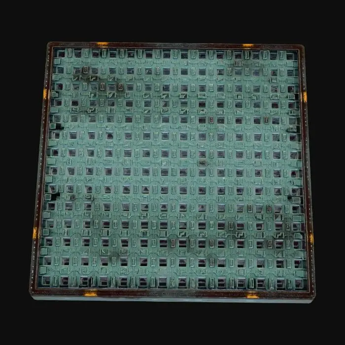 3D model for # modular environment asset, seamless tiling capable, game ready, clean topology, mid poly, optimized, PBR textures, 2k textures, consistent texel density, deep sea sci fi research facility, titanium ceramic metal, marine corrosion, bioluminescent accents, wet surface
## industrial grated floor tile, thick metal grid, darkness visible below, pipes and cables faintly visible, wet reflections, marine deposits, underwater facility aesthetic, modular seamless tile, PBR