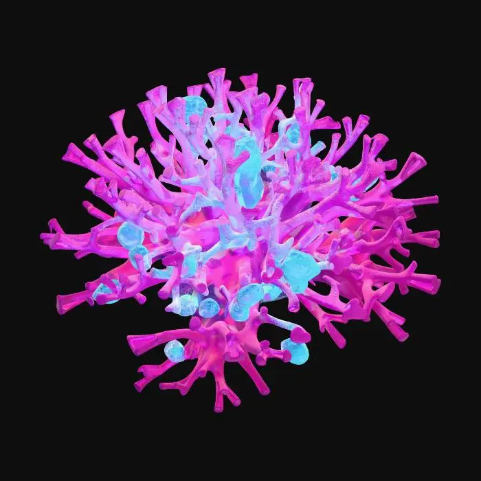 3D model for A deep-sea coral reef made of perfect geometric shapes, fractal structures, hexagonal prisms, and polyhedrons. Bioluminescent glow, neon cyan and magenta lights emitting from the coral tips. Translucent crystal and metallic textures mixed with porous organic rocks. Dark abyssal ocean background with soft underwater volumetric lighting and water caustics. Hyper-detailed, 8k resolution, 3D asset, PBR materials, Octane Render, Unreal Engine 5 style, masterpiece.