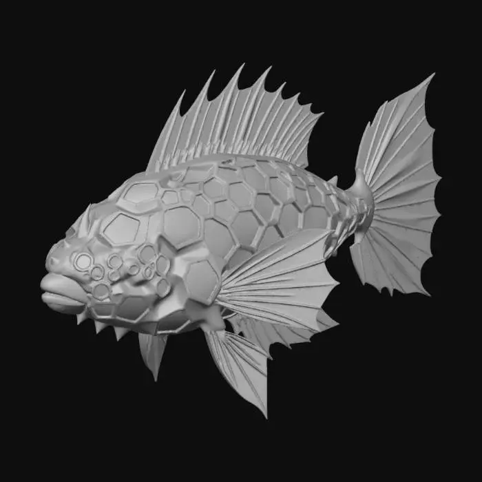 3D model for A highly detailed 3D model of an otherworldly deep-sea fish, fusion of geometric and organic shapes. Polyhedral body structure, fractal-like anatomy. Bioluminescent glowing neon cyan and magenta veins. Translucent crystalline fins, metallic iridescent scales, dark obsidian armor plating. Deep abyss alien creature, bioluminescence. High poly, PBR textures, glowing emissions, cinematic lighting, Octane render, 8k resolution, masterpiece.
