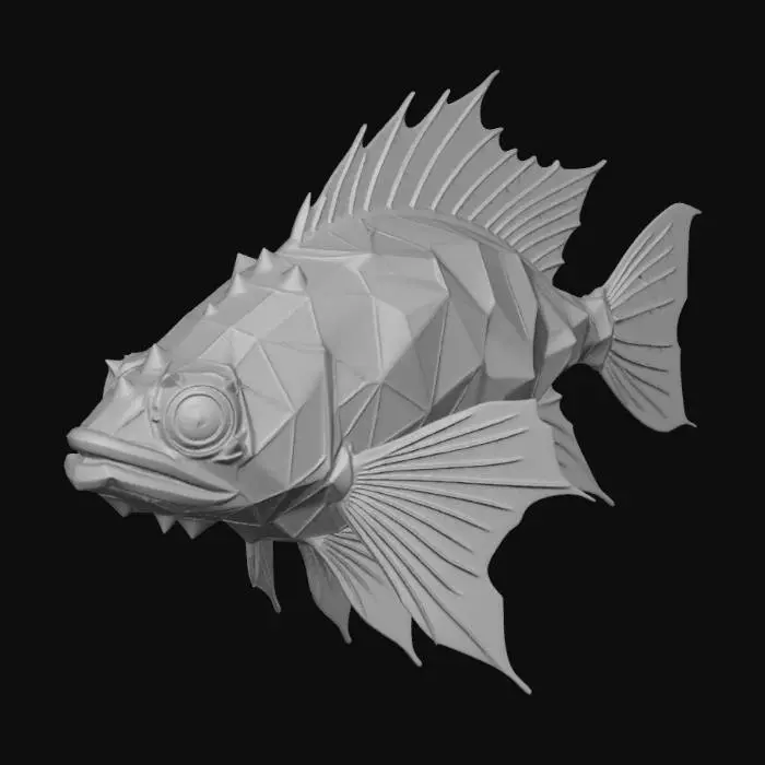 3D model for A highly detailed 3D model of an otherworldly deep-sea fish, fusion of geometric and organic shapes. Polyhedral body structure, fractal-like anatomy. Bioluminescent glowing neon cyan and magenta veins. Translucent crystalline fins, metallic iridescent scales, dark obsidian armor plating. Deep abyss alien creature, bioluminescence. High poly, PBR textures, glowing emissions, cinematic lighting, Octane render, 8k resolution, masterpiece.
