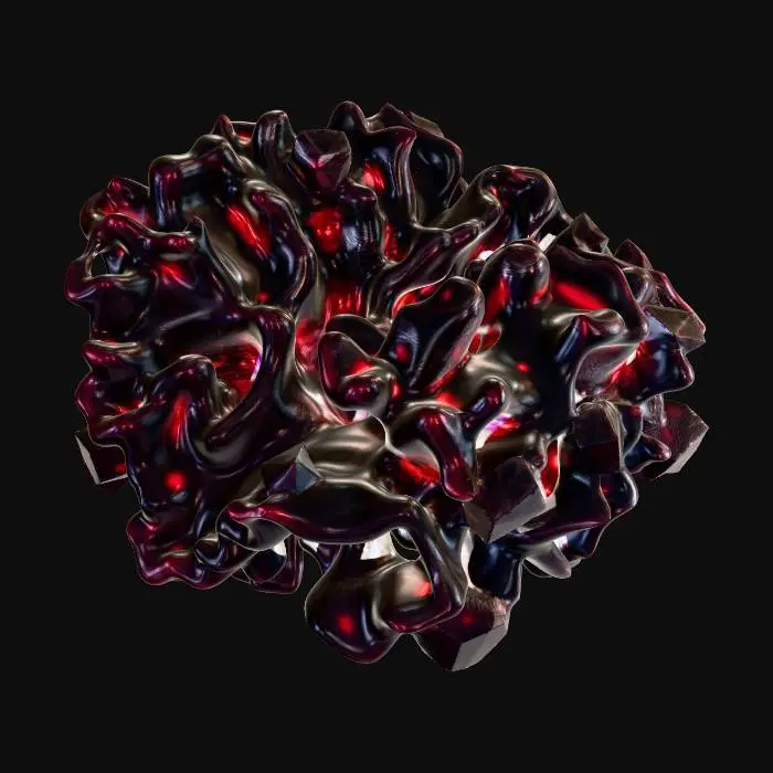 3D model for A deep-sea coral reef made of perfect geometric shapes, fractal structures, hexagonal prisms, and polyhedrons. Bioluminescent glow, neon cyan and magenta lights emitting from the coral tips. Translucent crystal and metallic textures mixed with porous organic rocks. Dark abyssal ocean background with soft underwater volumetric lighting and water caustics. Hyper-detailed, 8k resolution, 3D asset, PBR materials, Octane Render, Unreal Engine 5 style, masterpiece.