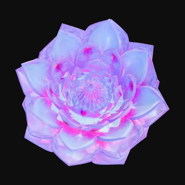 3D model for A highly detailed 3D model of a geometric lotus flower thriving in the deep sea. The petals are made of translucent crystalline glass and dark metallic titanium, featuring sharp, fractal geometric shapes. Bioluminescent neon blue and glowing cyan veins run through the geometric petals. The core of the lotus emits an ethereal, deep-ocean luminescent glow. PBR textures, emissive materials, refractive glass, sub-surface scattering. Sci-fi marine biology style, high poly, 8k resolution, Unreal Engine 5 render, isolated 3D game asset, masterpiece, symmetrical design.