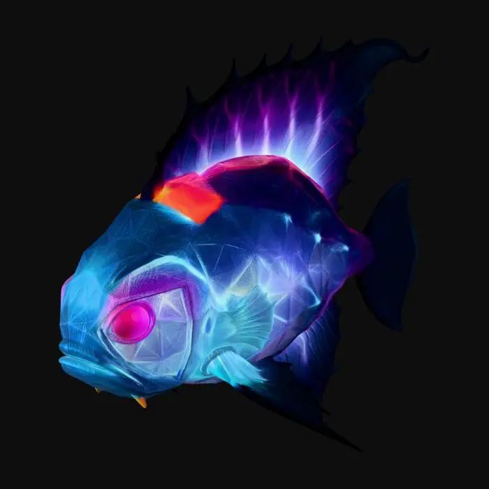 3D model for A highly detailed 3D model of an otherworldly deep-sea fish, fusion of geometric and organic shapes. Polyhedral body structure, fractal-like anatomy. Bioluminescent glowing neon cyan and magenta veins. Translucent crystalline fins, metallic iridescent scales, dark obsidian armor plating. Deep abyss alien creature, bioluminescence. High poly, PBR textures, glowing emissions, cinematic lighting, Octane render, 8k resolution, masterpiece.