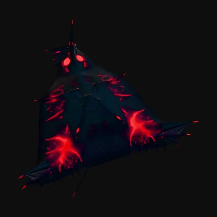 3D model for A highly detailed 3D model of an otherworldly deep-sea ray fish creature. Flat, manta ray-like body structure fused with sharp geometric obsidian armor plating and fractal anatomy. Deep crimson bioluminescent glowing veins and patterns pulsating against dark black skin. Matte black metallic scales, translucent dark red crystalline fins with jagged edges. Abyssal alien ray, pulsating red glow. High poly, PBR textures, intense glowing emissions, dramatic lighting, Octane render, 8k resolution, masterpiece.