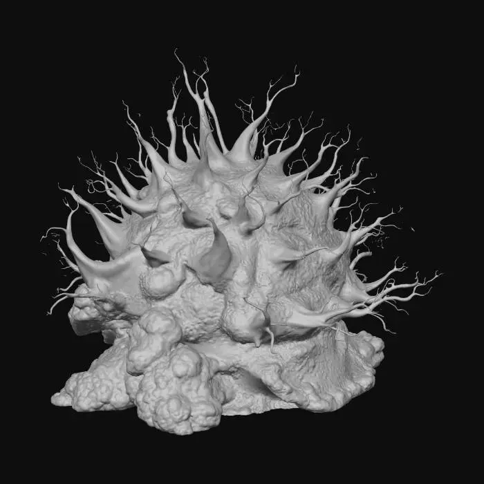 3D model for A masterpiece 3D render of a deep-sea neural network reef. The environment is dominated by a profound ultramarine and deep indigo color palette. The coral structures are not just geometric, but growing crystallized fractal formations, hexagonal mineral prisms, and sharp polyhedral clusters resembling a vast brain structure. An interconnected synaptic web of translucent, glowing filaments weaves through the crystal nodes. Bioluminescent light impulses fire like neural signals along these pathways, culminating in intense neon cyan, electric blue, and magenta flashes at the crystal junctions. Textures are highly polished translucent crystal, conductive metallic veins, and dark, porous organic rock encrusted with micro-crystals. Dark abyssal ocean background with intense ultramarine volumetric