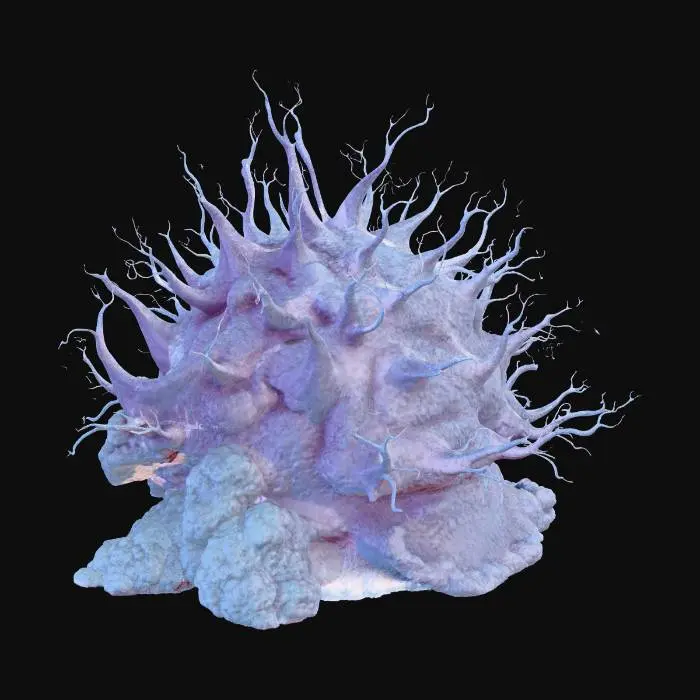 3D model for A masterpiece 3D render of a deep-sea neural network reef. The environment is dominated by a profound ultramarine and deep indigo color palette. The coral structures are not just geometric, but growing crystallized fractal formations, hexagonal mineral prisms, and sharp polyhedral clusters resembling a vast brain structure. An interconnected synaptic web of translucent, glowing filaments weaves through the crystal nodes. Bioluminescent light impulses fire like neural signals along these pathways, culminating in intense neon cyan, electric blue, and magenta flashes at the crystal junctions. Textures are highly polished translucent crystal, conductive metallic veins, and dark, porous organic rock encrusted with micro-crystals. Dark abyssal ocean background with intense ultramarine volumetric