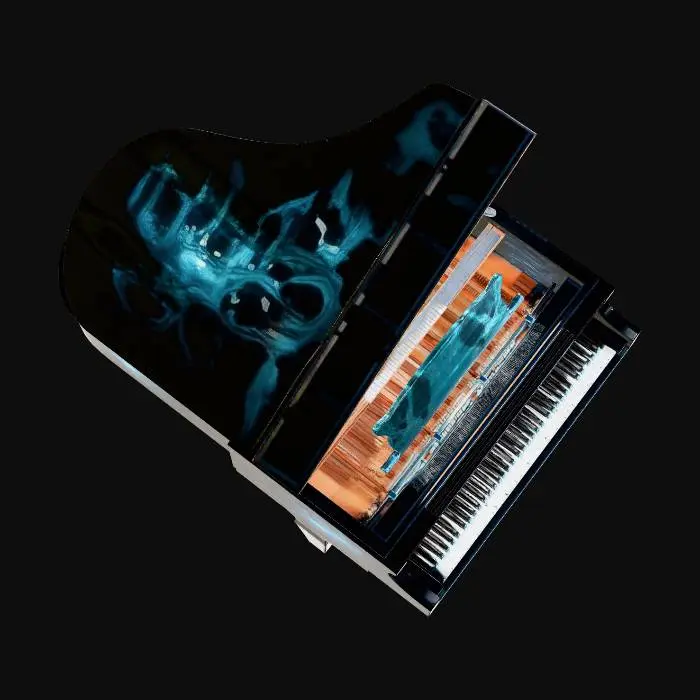 3D model for A geometric grand piano submerged in the deep sea, dark fantasy and sci-fi style. The piano body is constructed from dark obsidian with sharp, angular, futuristic geometric shapes. Partially encrusted with bioluminescent fractal corals and glowing neon abyss-blue veins. The keys are made of translucent crystal and tarnished brass. Intricate mechanical and alien geometric structures. Ethereal underwater atmosphere, highly detailed, 4k resolution, PBR textures, Octane Render, Unreal Engine 5, masterpiece, clean 3D topology.