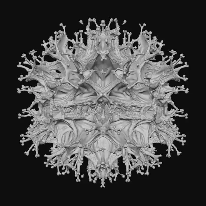 3D model for A masterpiece 3D render of a deep-sea neural network reef. The environment is dominated by a profound ultramarine and deep indigo color palette. The coral structures are not just geometric, but growing crystallized fractal formations, hexagonal mineral prisms, and sharp polyhedral clusters resembling a vast brain structure. An interconnected synaptic web of translucent, glowing filaments weaves through the crystal nodes. Bioluminescent light impulses fire like neural signals along these pathways, culminating in intense neon cyan, electric blue, and magenta flashes at the crystal junctions. Textures are highly polished translucent crystal, conductive metallic veins, and dark, porous organic rock encrusted with micro-crystals. Dark abyssal ocean background with intense ultramarine volumetric