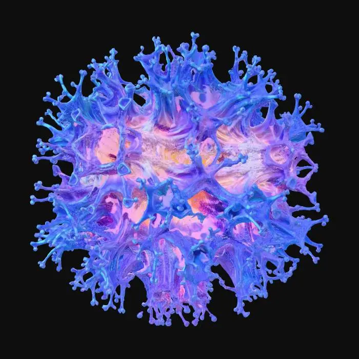 3D model for A masterpiece 3D render of a deep-sea neural network reef. The environment is dominated by a profound ultramarine and deep indigo color palette. The coral structures are not just geometric, but growing crystallized fractal formations, hexagonal mineral prisms, and sharp polyhedral clusters resembling a vast brain structure. An interconnected synaptic web of translucent, glowing filaments weaves through the crystal nodes. Bioluminescent light impulses fire like neural signals along these pathways, culminating in intense neon cyan, electric blue, and magenta flashes at the crystal junctions. Textures are highly polished translucent crystal, conductive metallic veins, and dark, porous organic rock encrusted with micro-crystals. Dark abyssal ocean background with intense ultramarine volumetric